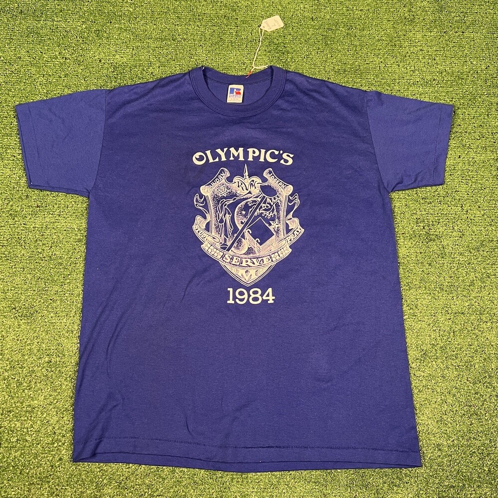 Vintage 1984 LA Olympics USA Russell Athletics T Shirt 80s Gray Tee Mens LARGE